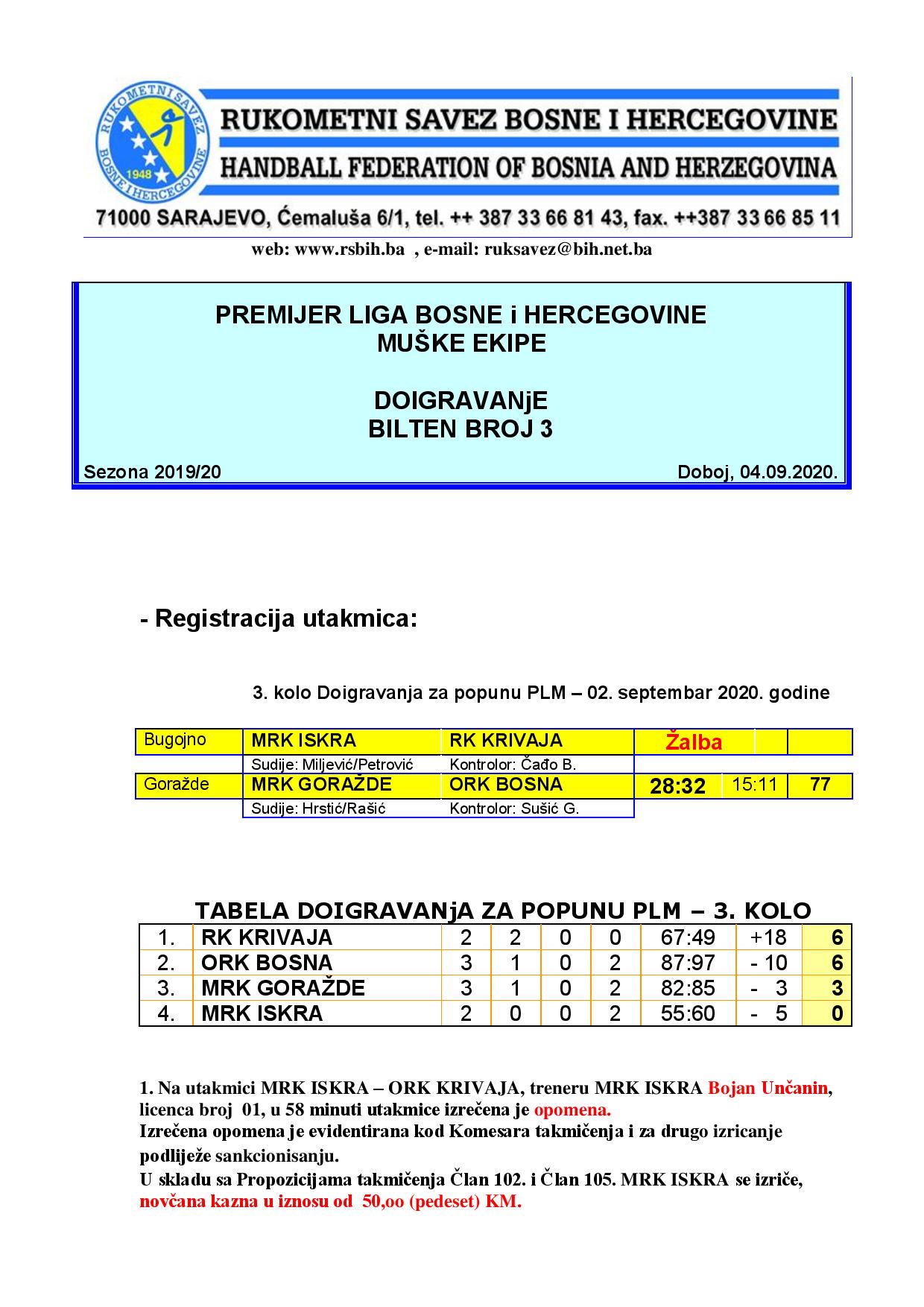 Bilten broj 3 Doigravanja za popunu PLM BiH