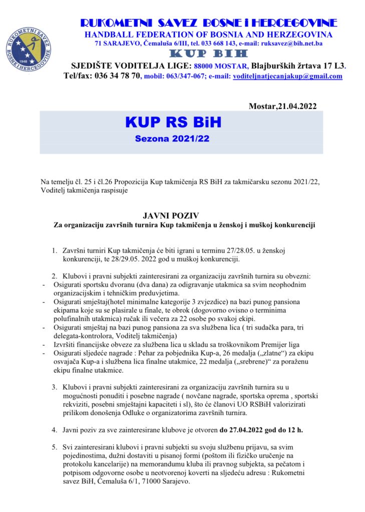JAVNI POZIV Za organizaciju završnih turnira Kup takmičenja u ženskoj i muškoj konkurenciji
