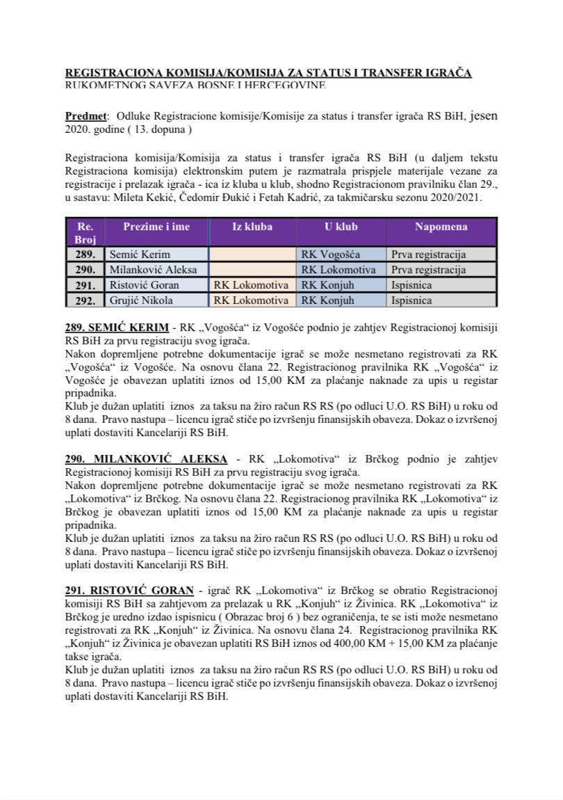ODLUKE Registracione komisije 13. Dopuna