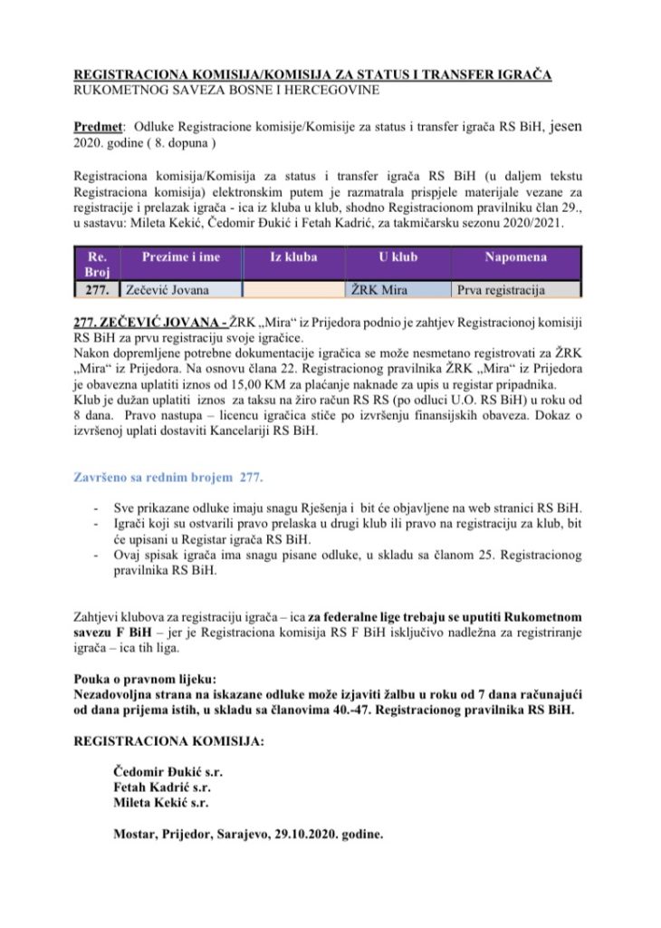 ODLUKE Registracione komisije 8.Dopuna