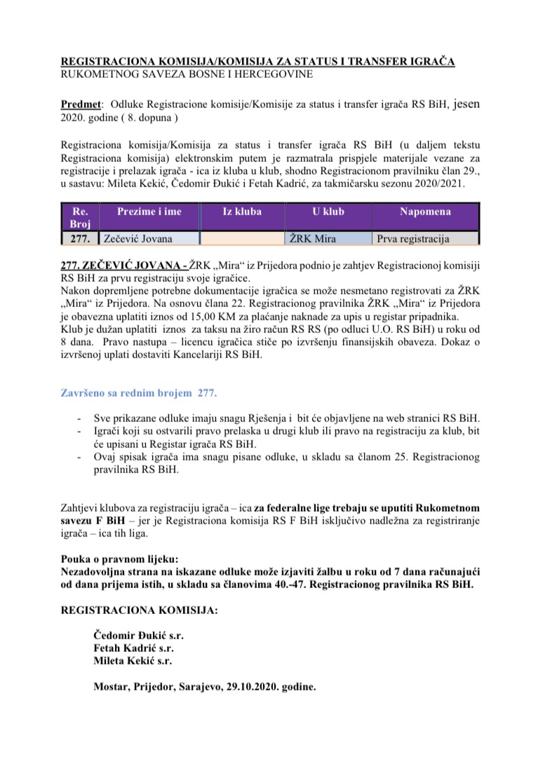 ODLUKE Registracione komisije 8.Dopuna