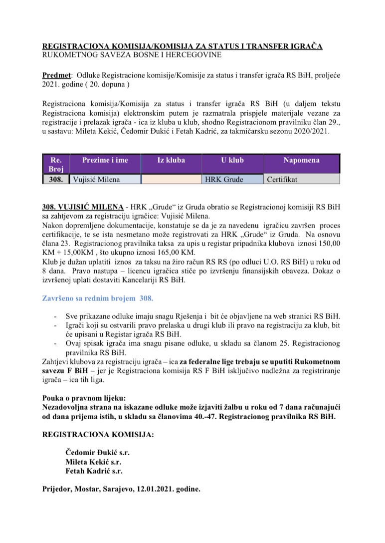 ODLUKE Registracione komisije 20. Dopuna