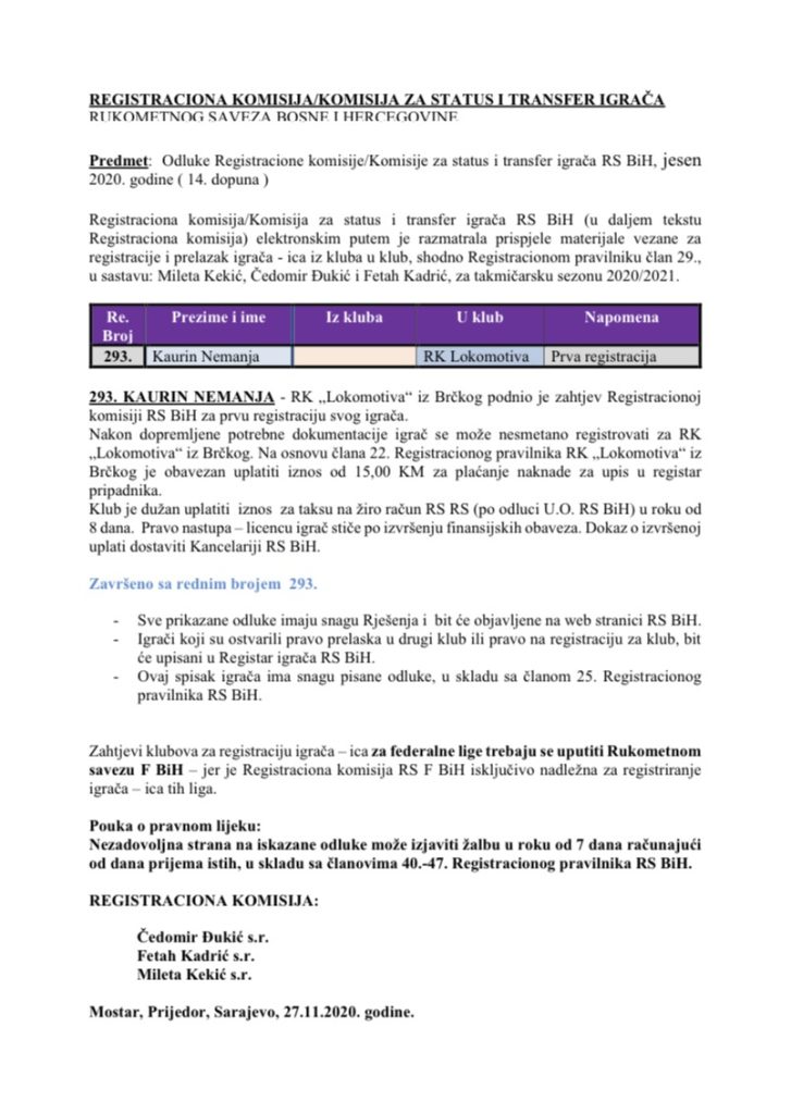 ODLUKE Registracione komisije 14. Dopuna