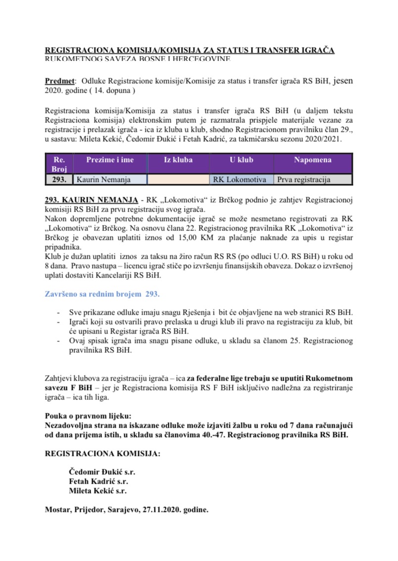ODLUKE Registracione komisije 14. Dopuna