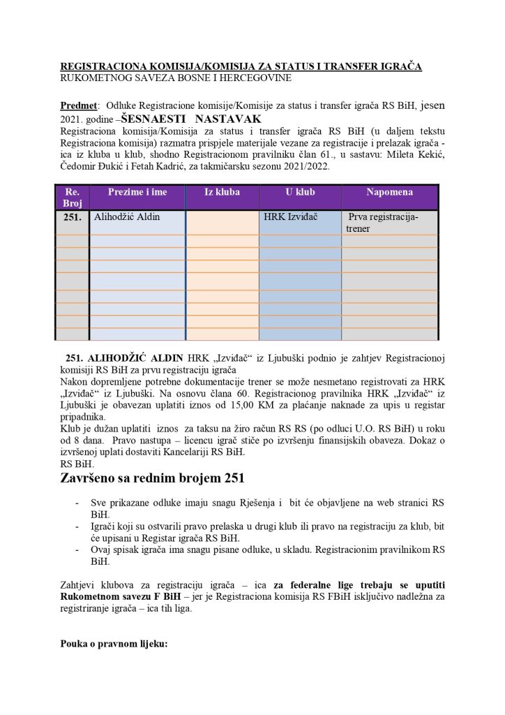 Odlike Registracione komisije za status i transfer igrača 16., 17., 18. dio