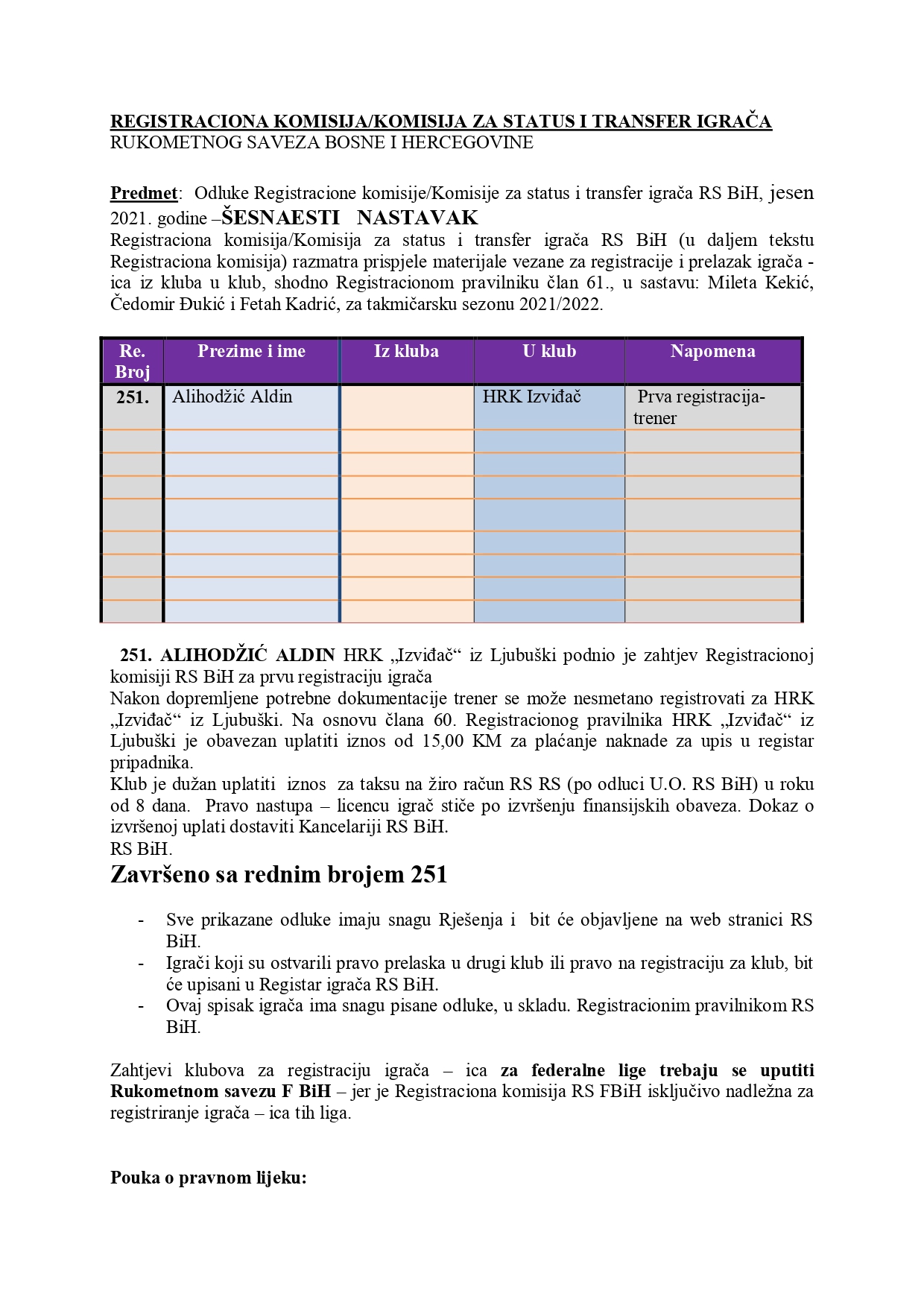 Odlike Registracione komisije za status i transfer igrača 16., 17., 18. dio