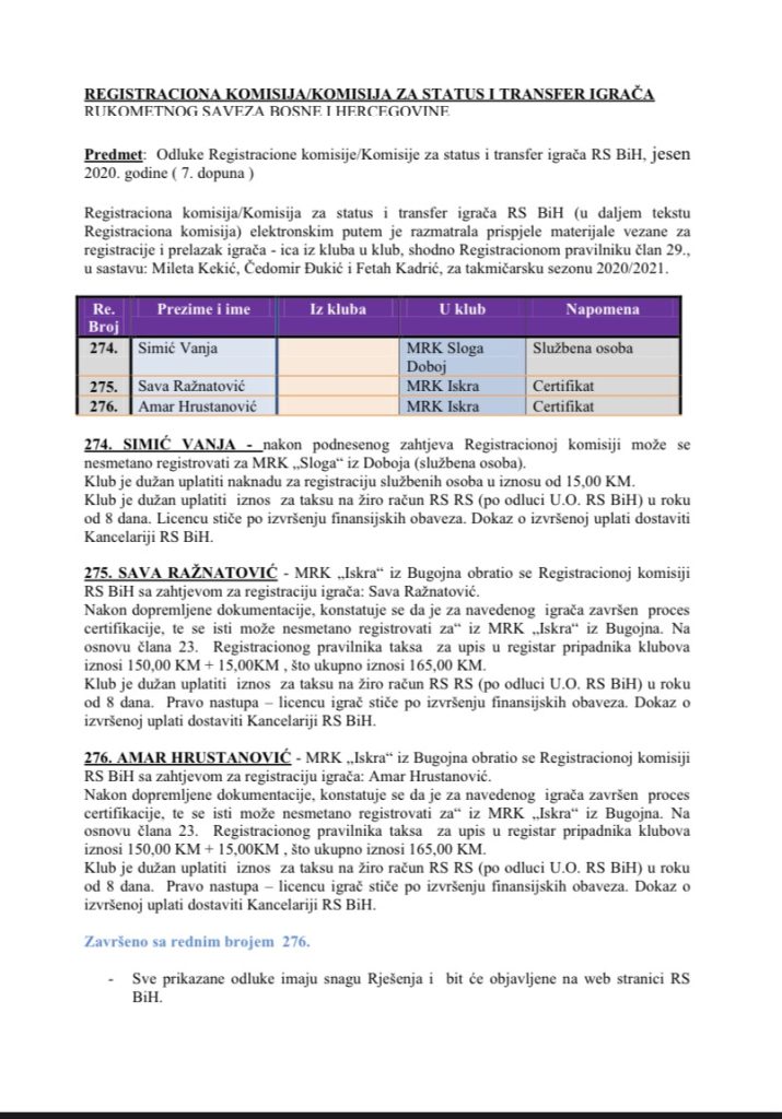 ODLUKE Registracione  komisije 7. Dopuna