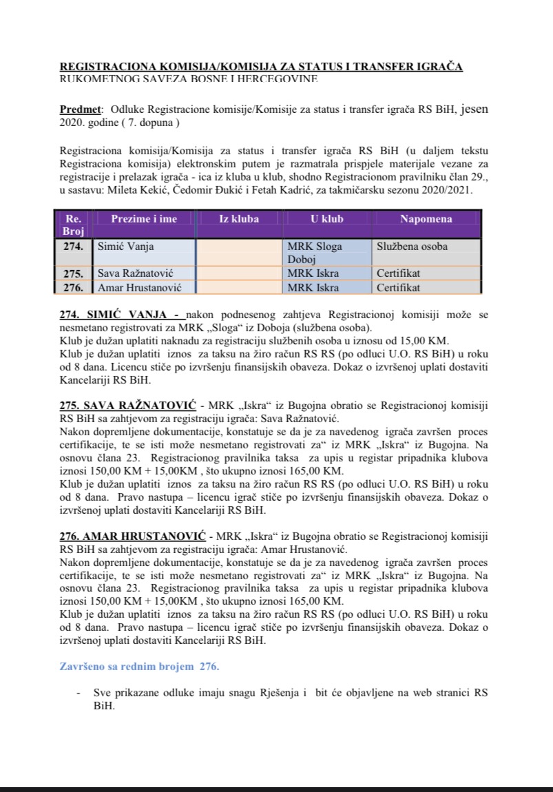 ODLUKE Registracione  komisije 7. Dopuna