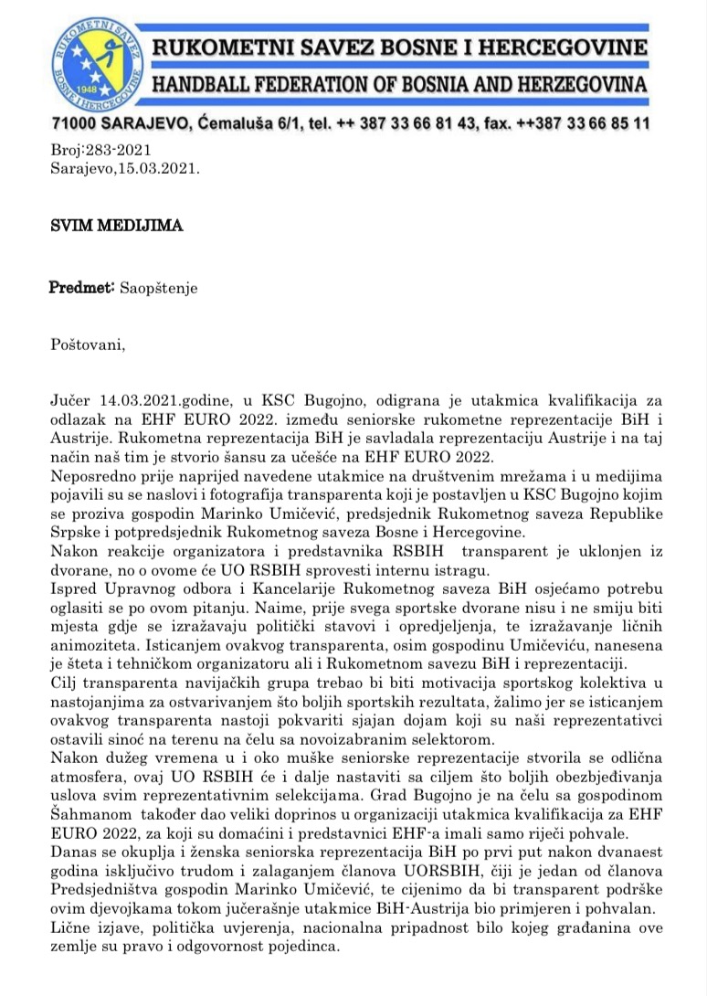 Saopštenje za javnost UO RSBiH