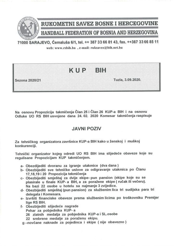 Javni poziv za Tehničkog organizatora završnice KUP-a BiH