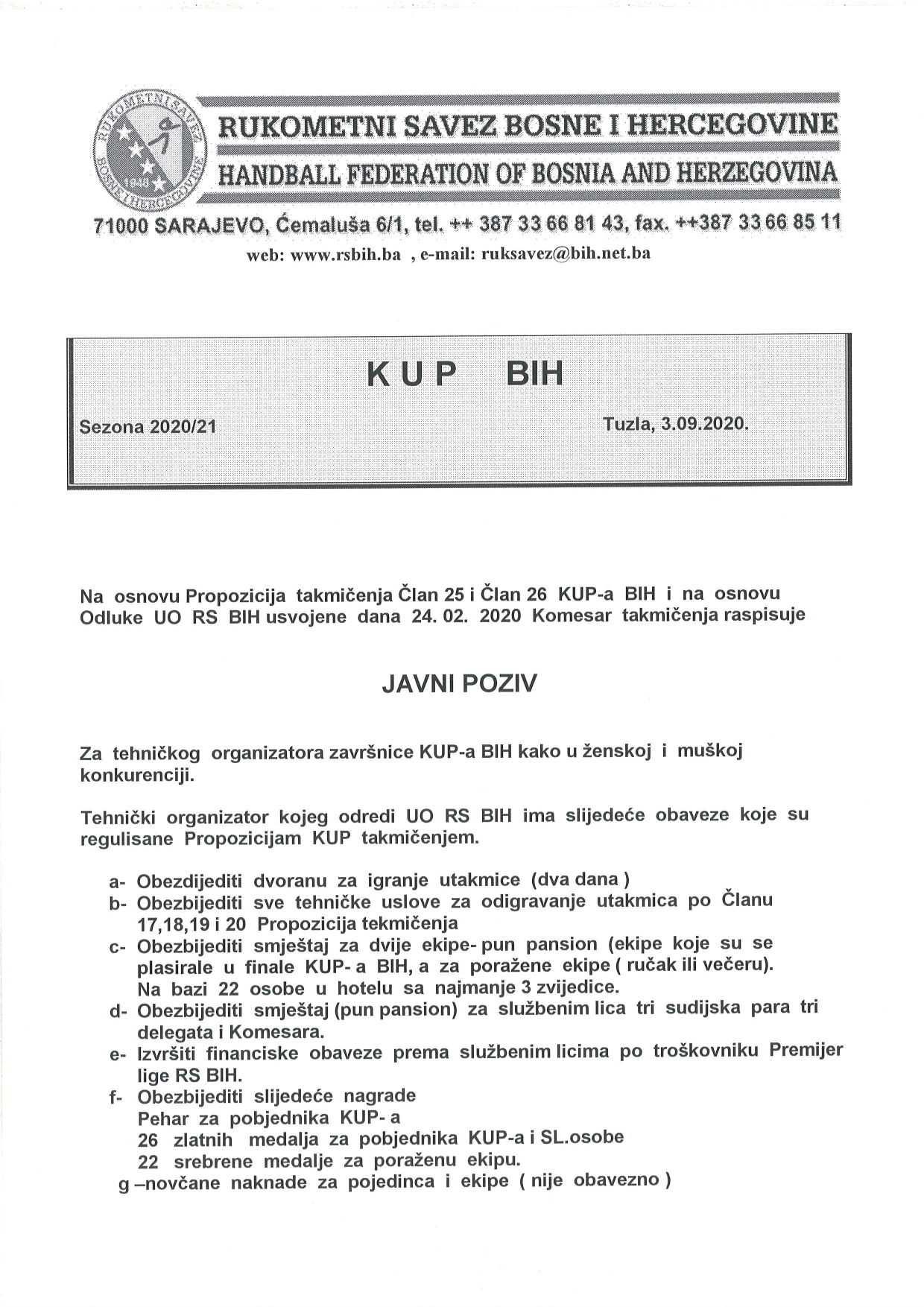Javni poziv za Tehničkog organizatora završnice KUP-a BiH