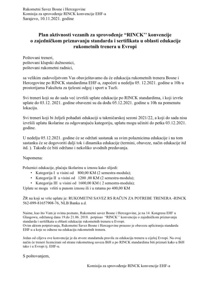 Plan aktivnosti vezanih za sprovođenje “RINCK’’ konvencije