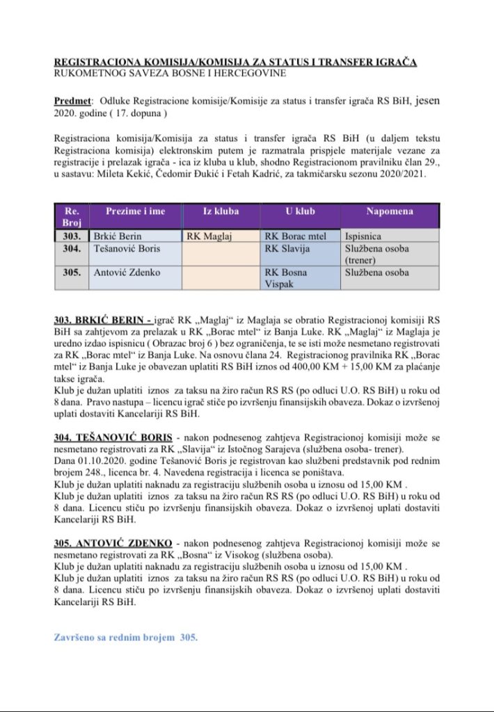 ODLUKE Registracione komisije 17. Dopuna