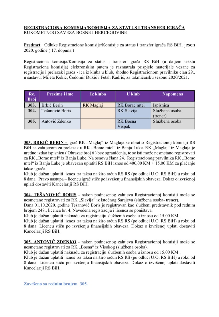 ODLUKE Registracione komisije 17. Dopuna