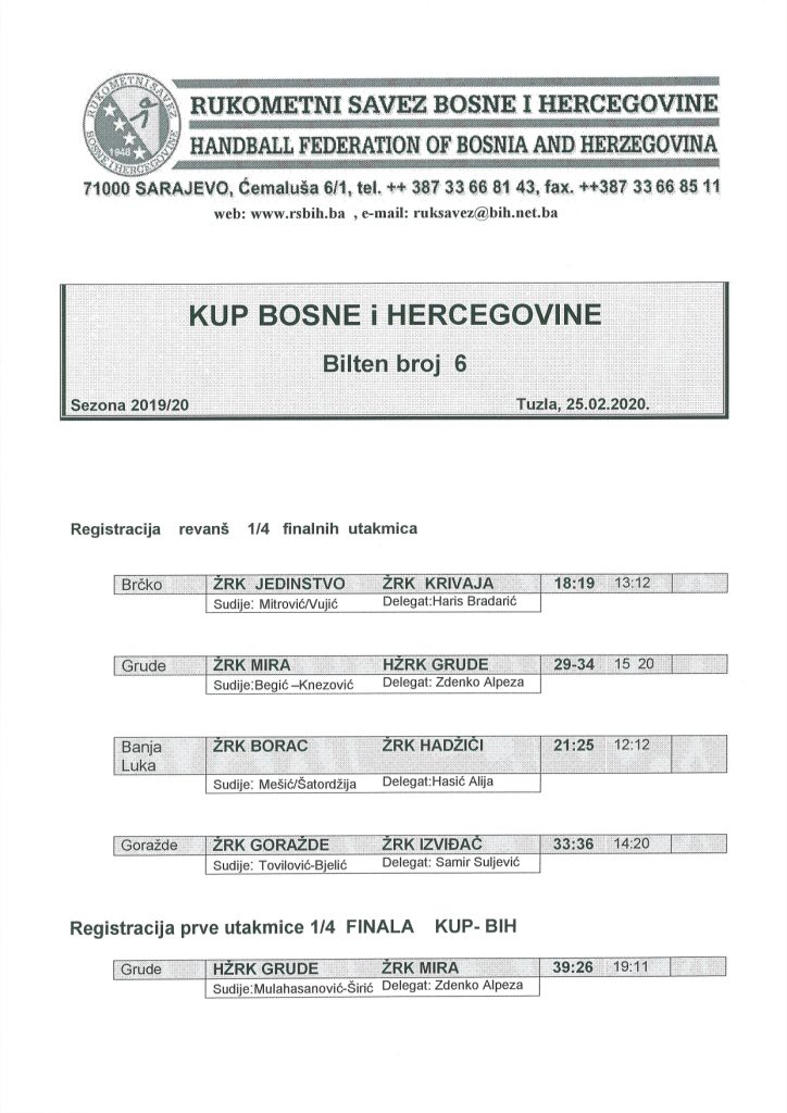 Bilten broj 6. Dopuna KUP-a BiH