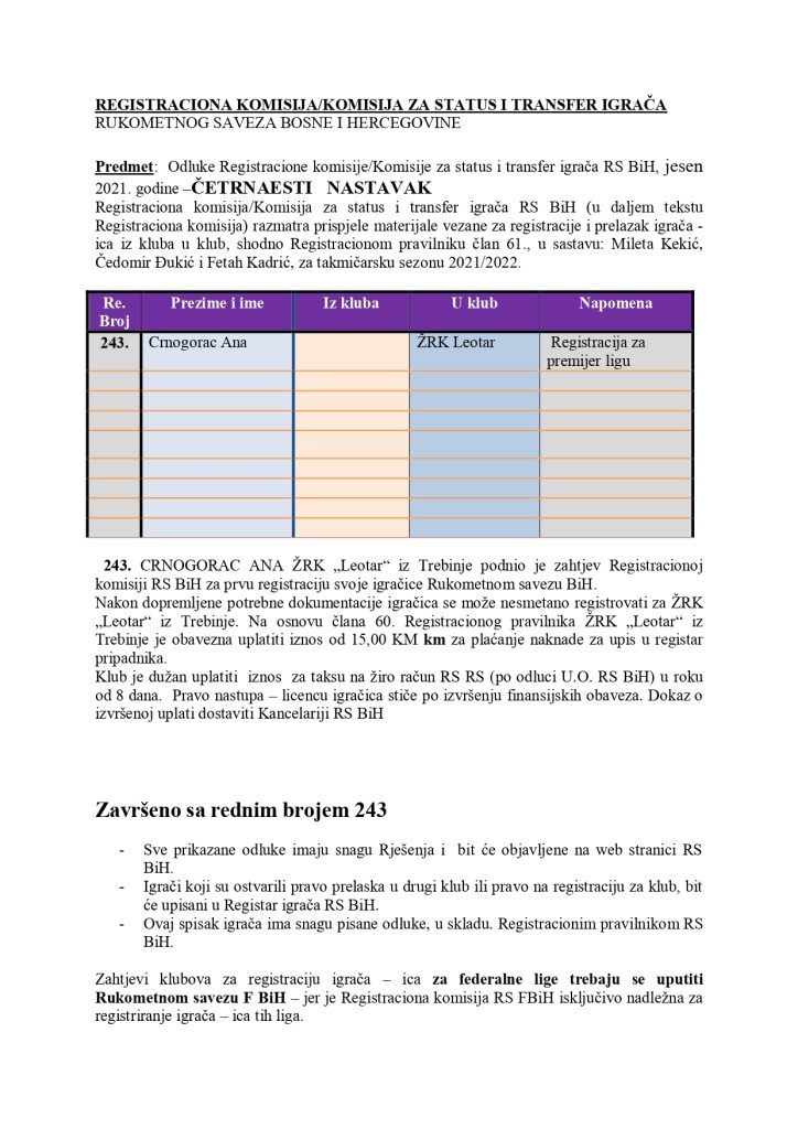 Odluke Registracione komisije za status i transfer igrača 14., 15. dio