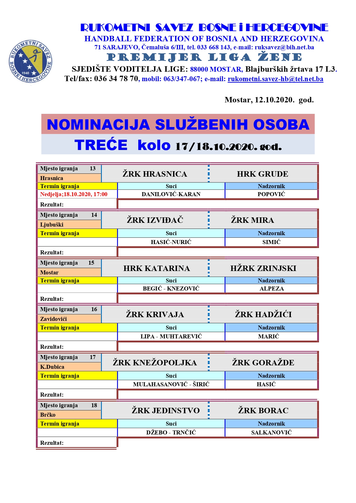 Nominacija službenih osoba 3. Kola PLŽ BiH