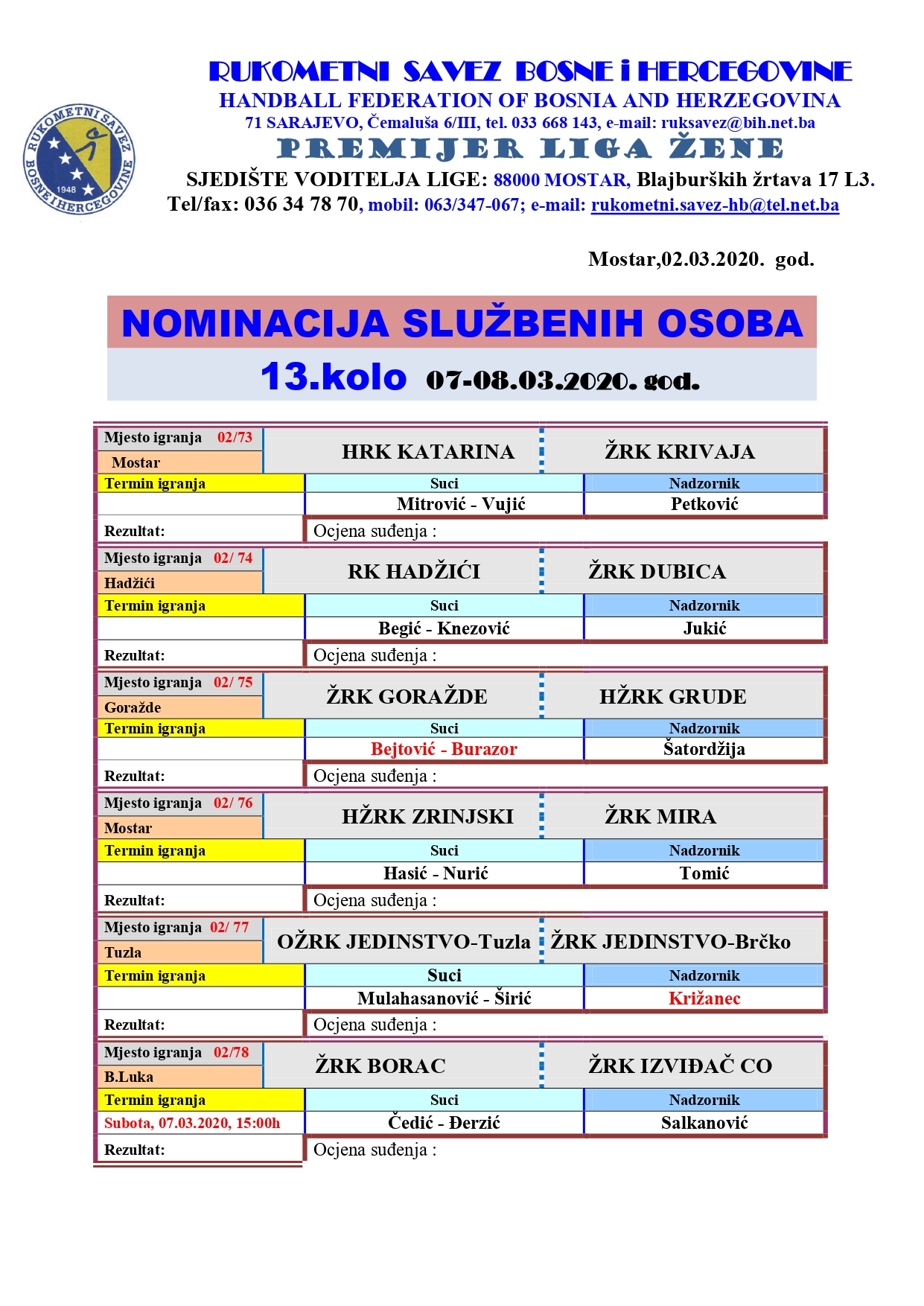 Delegiranje službenih osoba 13. kola PL BiH za žene