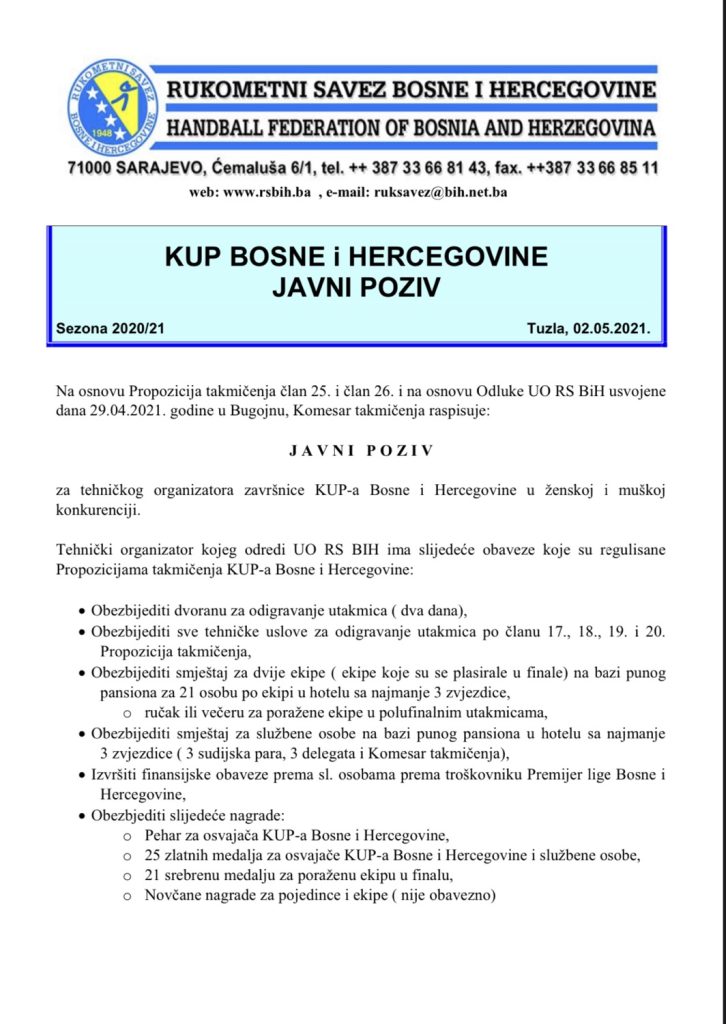 Javni poziv za organizaciju KUP-a BiH