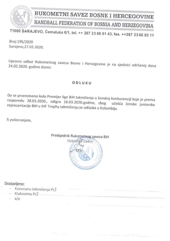 Odluka o promjeni termina PL BiH za žene