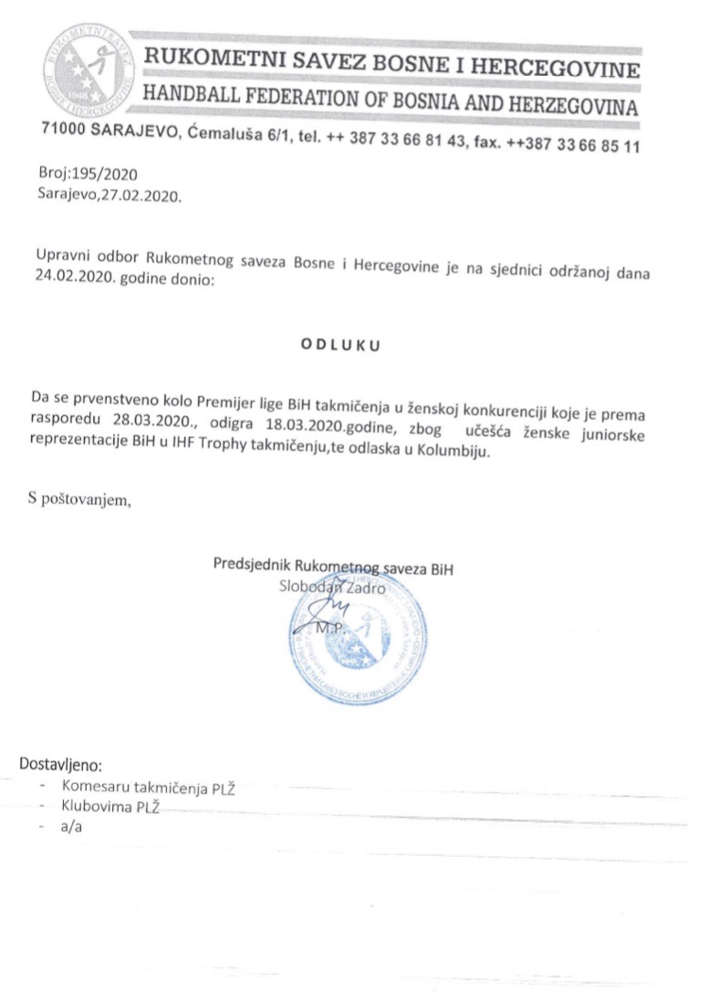 Odluka o promjeni termina PL BiH za žene