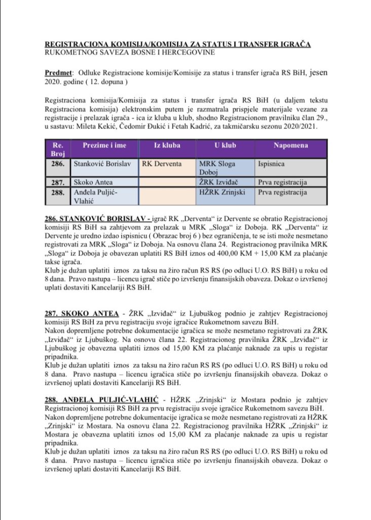 ODLUKE Registracione komisije 12. Dopuna