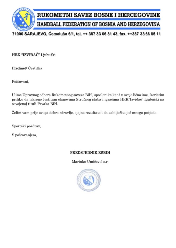 Čestitka HRK ” Izviđač ” na osvojenoj tituli Prvaka PL BiH