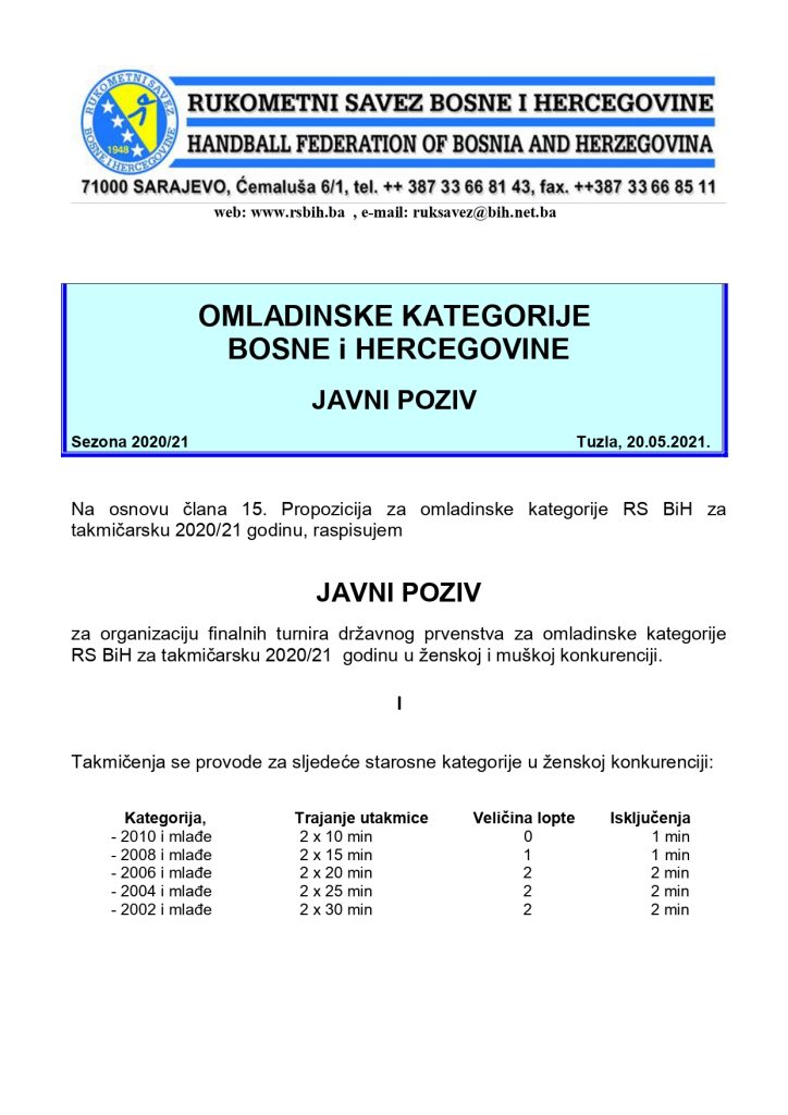Javni poziv za organizaciju finalnih turnira Omladinskih kategorija RS BiH