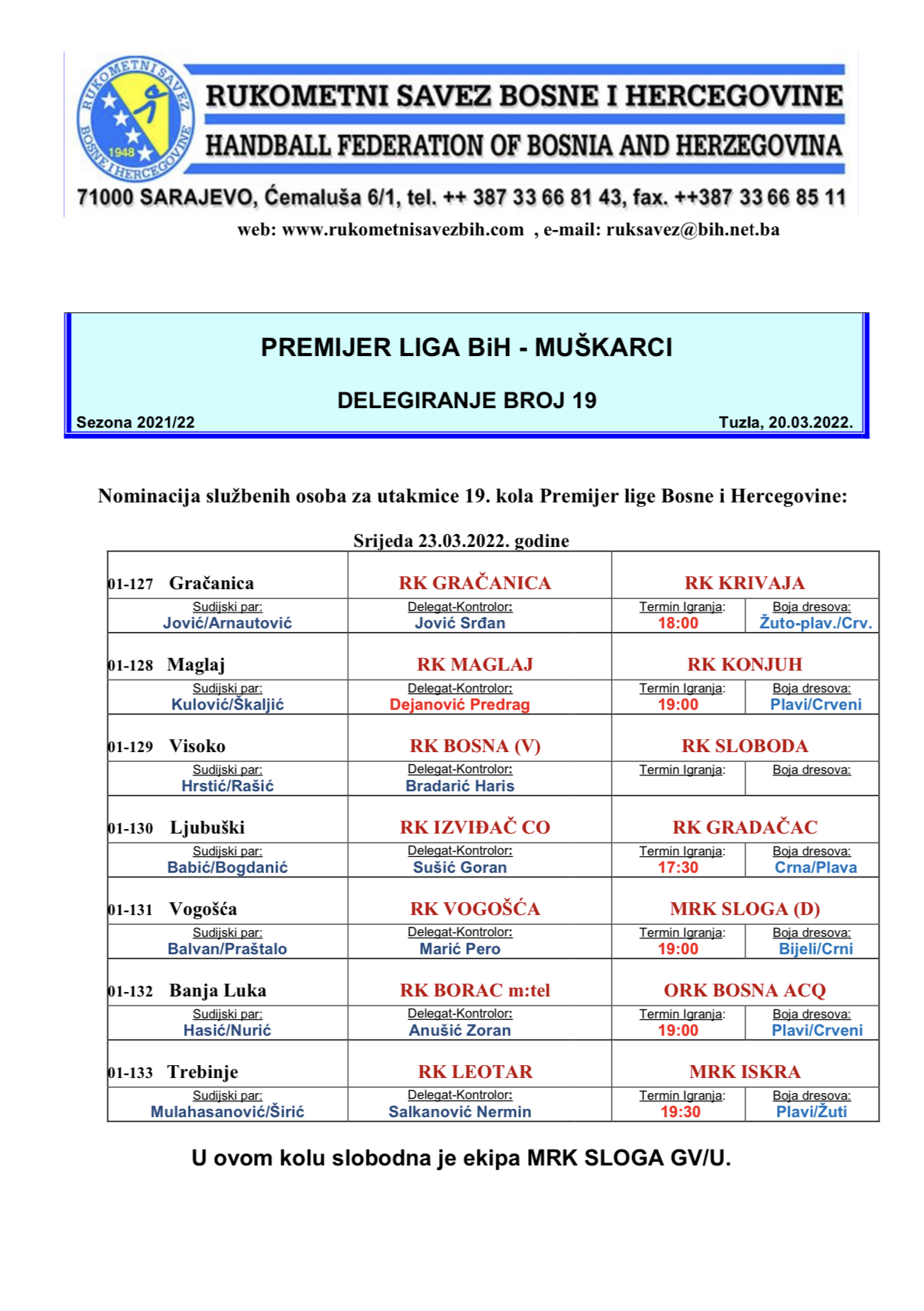 Delegiranje PL BiH za muškarce 19. kolo