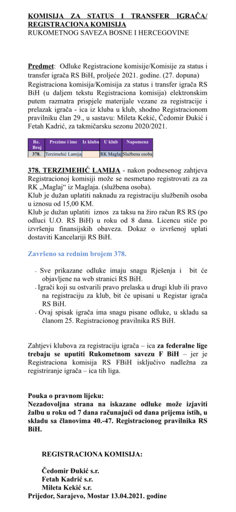 ODLUKE Registracione komisije proljetni dio