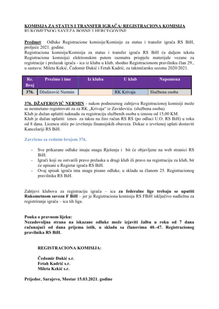ODLUKE Registracione komisije 26. Dopuna
