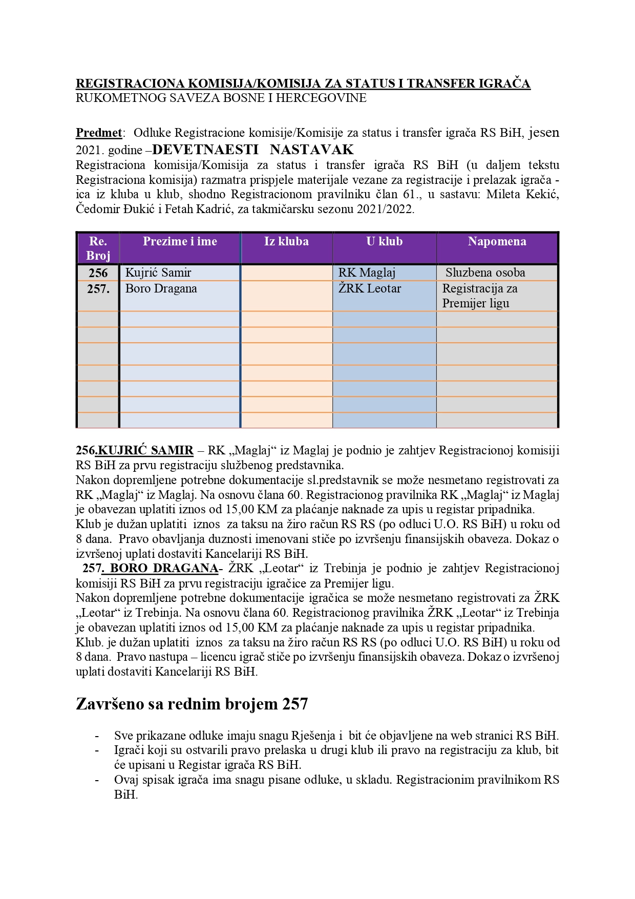 Odluke Registracione komisije za ststus i transfer igrača 19., 20., 21., 22., 23. dio