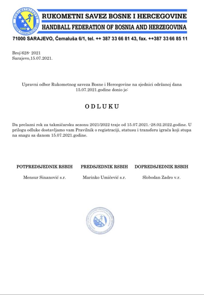 Odluka o prelaznom roku za sezonu 2021/22