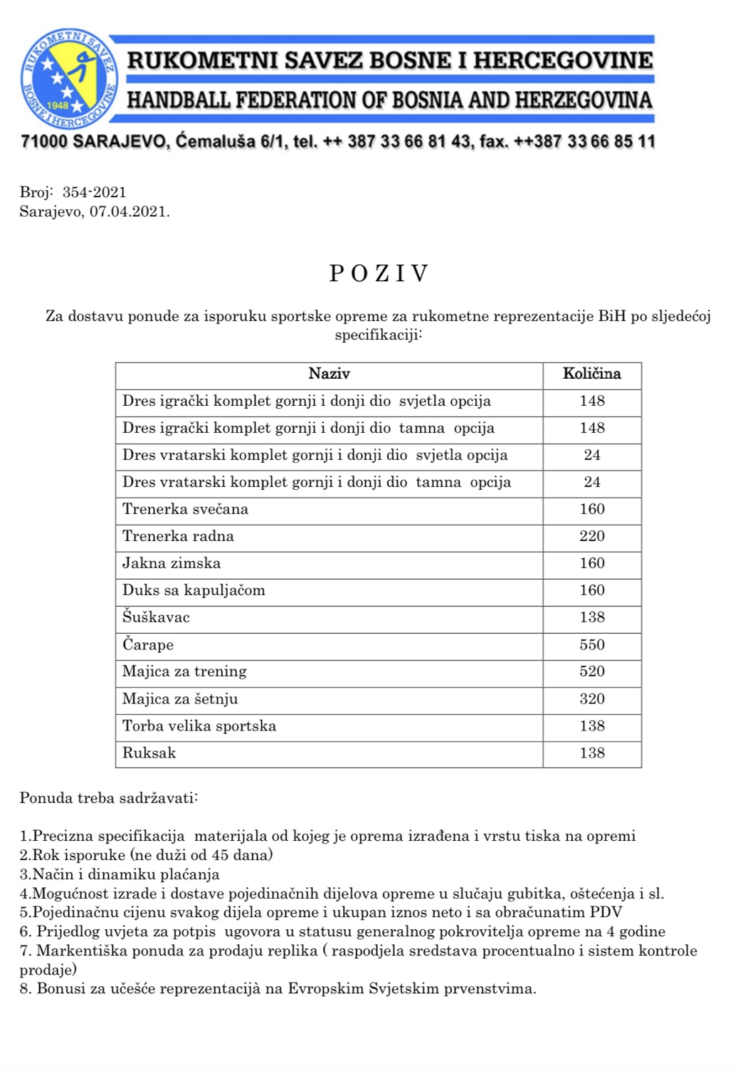 POZIV za dostavu ponude za opremu
