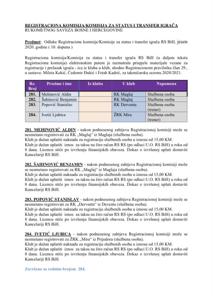 ODLUKE Registracione komisije 10. Dopuna
