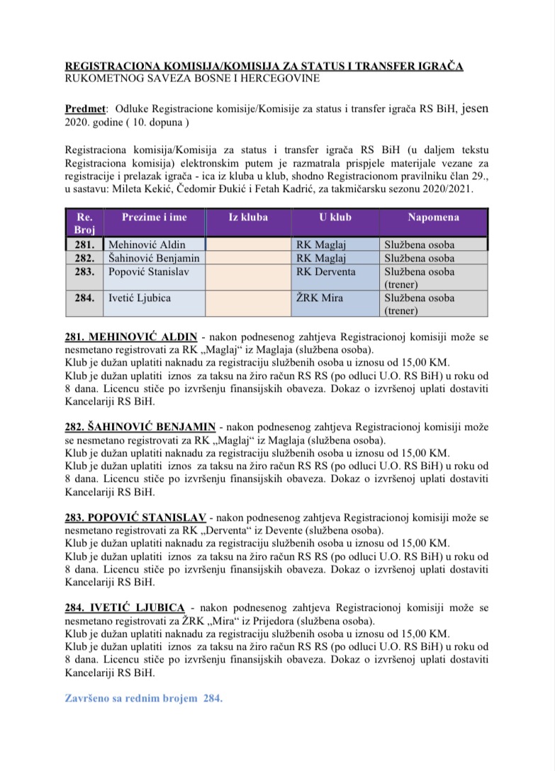 ODLUKE Registracione komisije 10. Dopuna