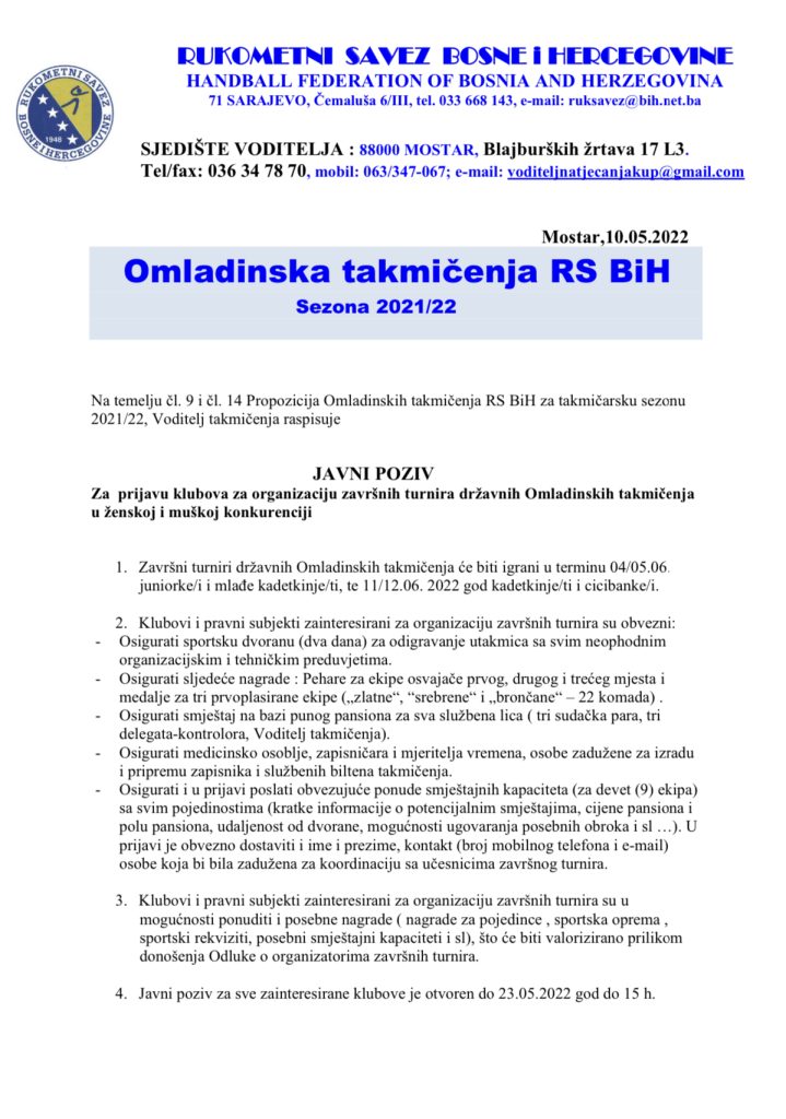 JAVNI POZIV za organizaciju završnih turnira državnih Omladinskih takmičenja