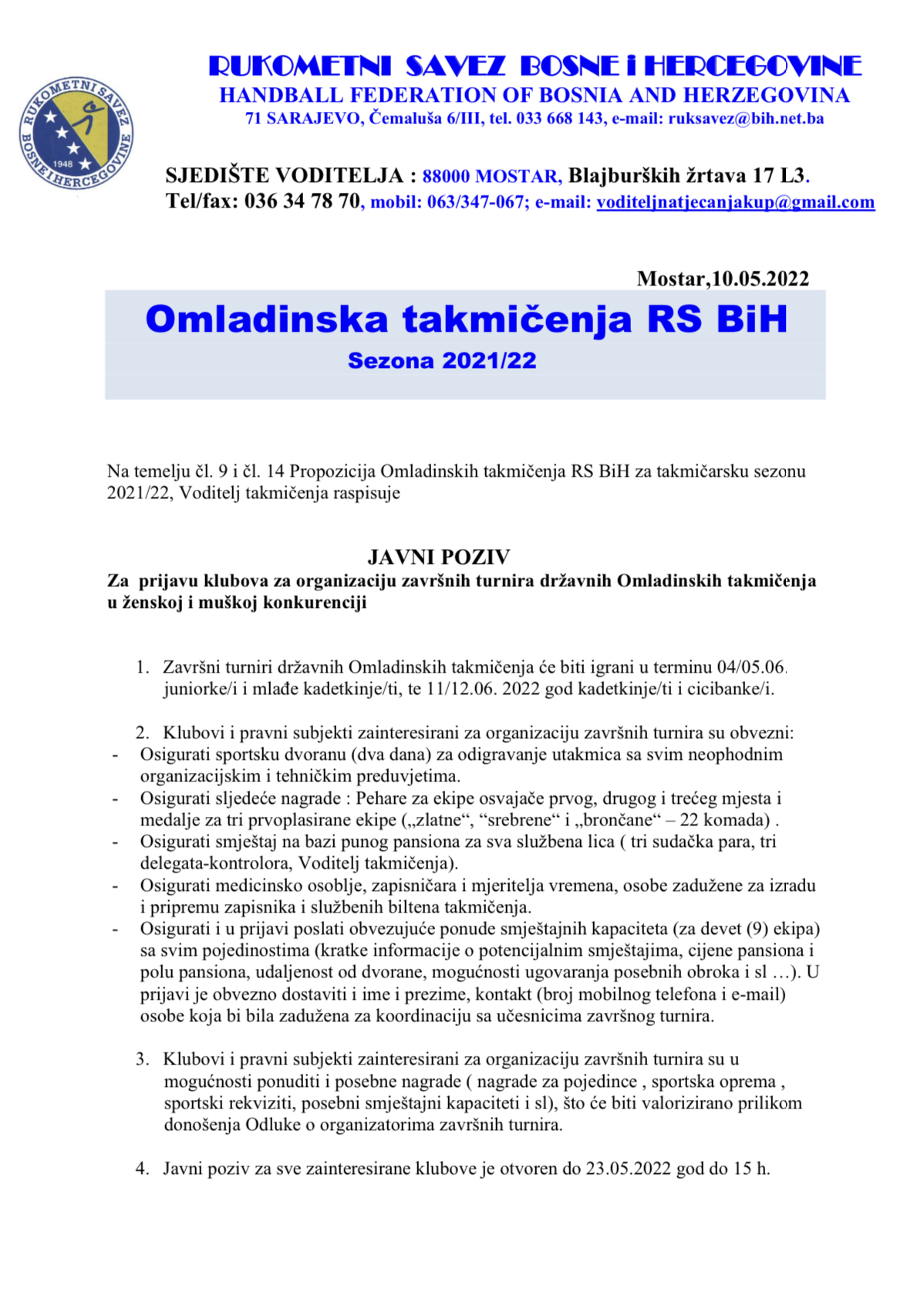 JAVNI POZIV za organizaciju završnih turnira državnih Omladinskih takmičenja