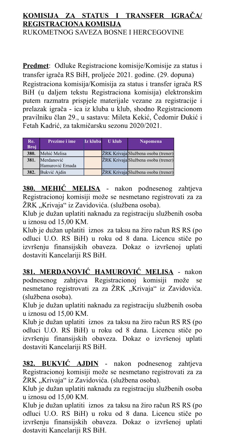 Odluke Registracione komisije 29. Dopuna