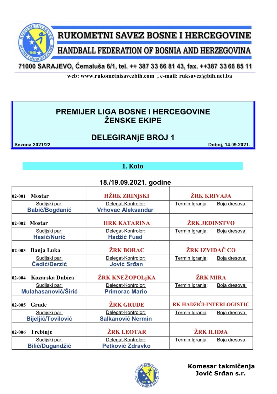 Delegiranje PL BiH za žene 1. kolo
