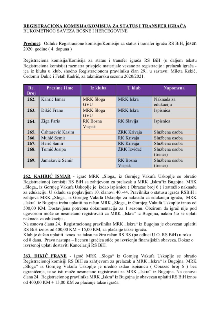ODLUKE Registracione komisije 4. DOPUNA