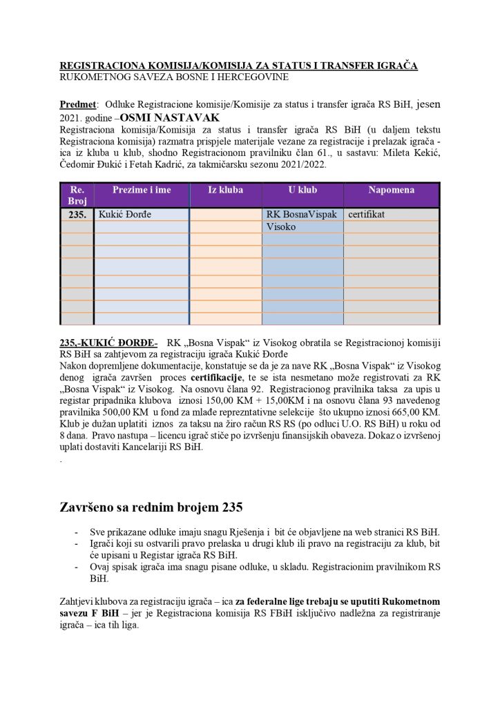 Odluke Registracione komisije za status i transfer igrača 8., 9., 10., 11., 12., 13. dio