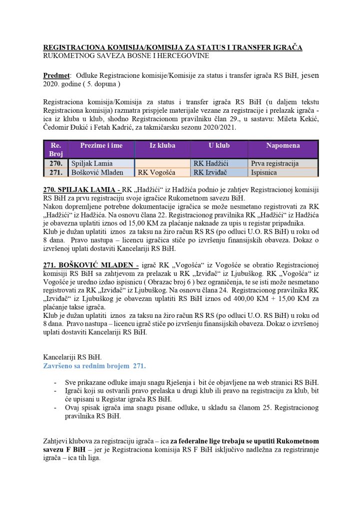 ODLUKE Registracione komisije 5. DOPUNA