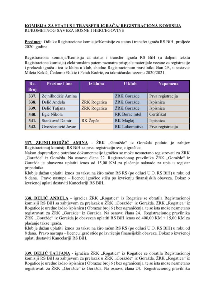 ODLUKE Registracione komisije za proljetni dio sezone 2020/21