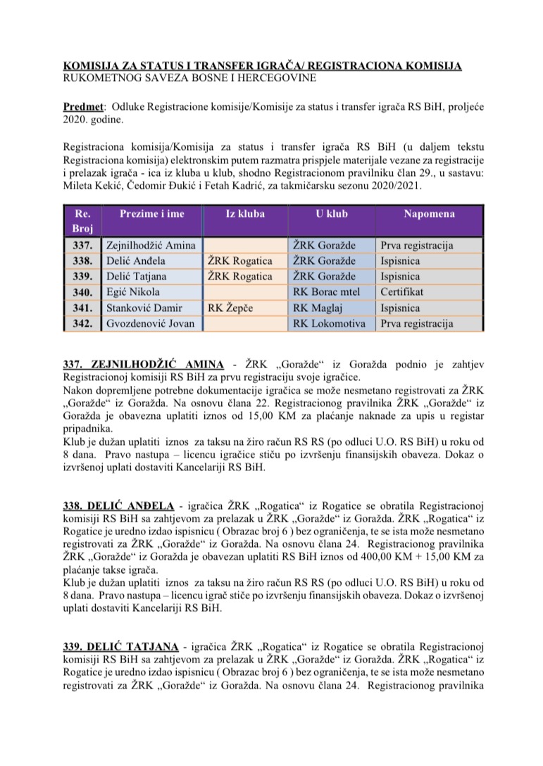 ODLUKE Registracione komisije za proljetni dio sezone 2020/21