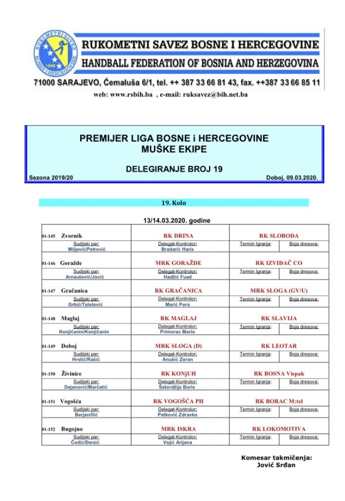Nominacija službenih osoba PL BiH za muškarce