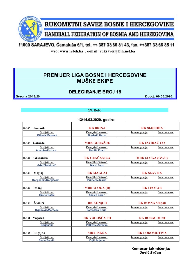 Nominacija službenih osoba PL BiH za muškarce