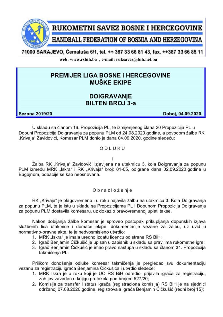 Bilten broj 3-a Doigravanja za popunu PLM BiH