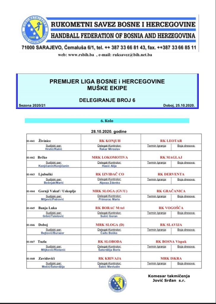Nominacija službenih lica za PLM BiH za 6. kolo