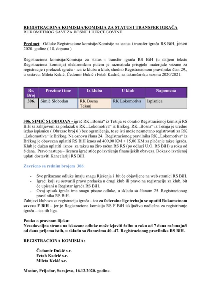 ODLUKE Registracione komisije 18. Dopuna